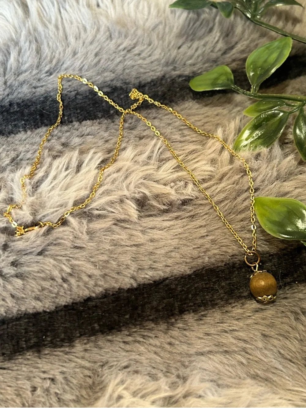 Handcrafted vintage wood bead pendant on chain necklace